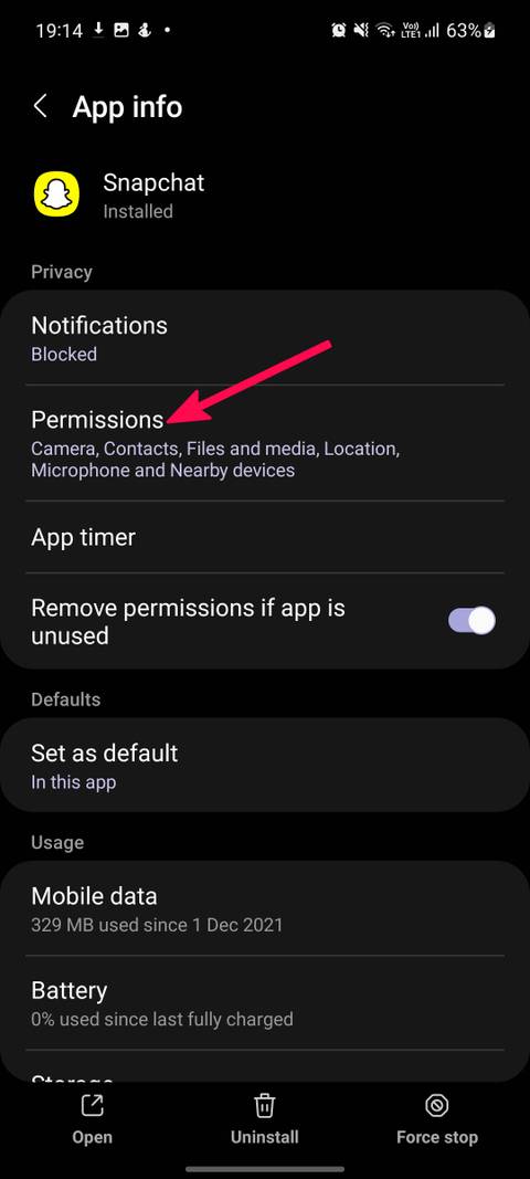 Screenshot highlighting Snapchat permissions