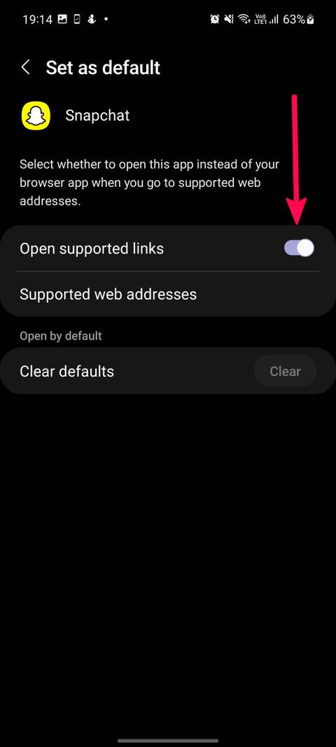 Screenshot highlighting Open supported links in Snapchat