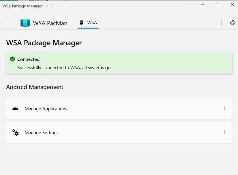 WSA PacMan showing it's now connected and ready to go.