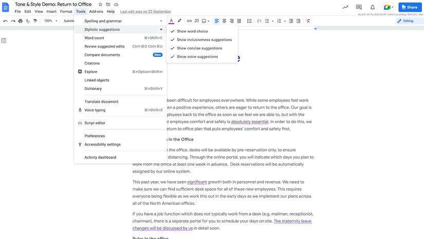 Google Docs will now flag your text for repetitive and inappropriate words