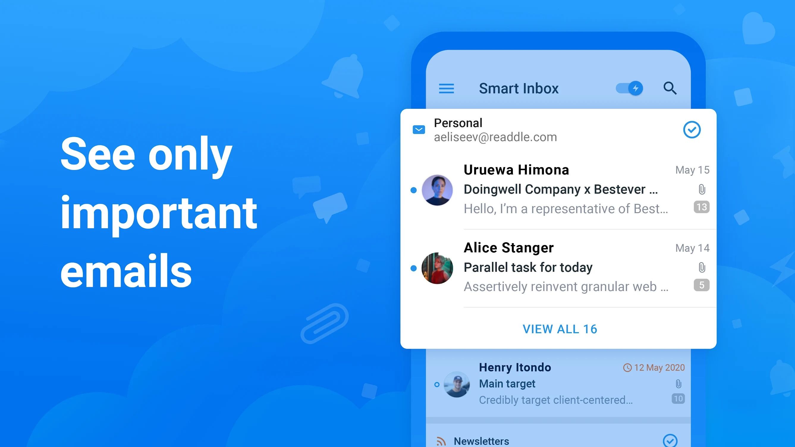 An image of the Spark email app's Smart inbox. 