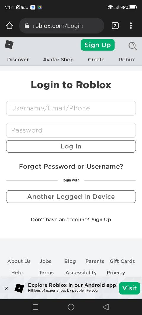 Screenshot of logging into your account on the Roblox website