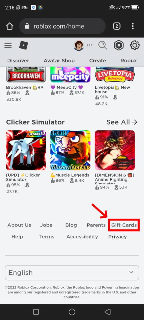 Screenshot of navigating to gift cards on the Roblox website