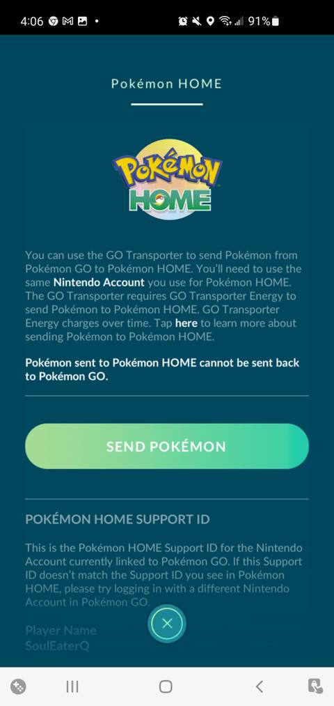 Screenshot of the transfer button in the Pokemon Go app