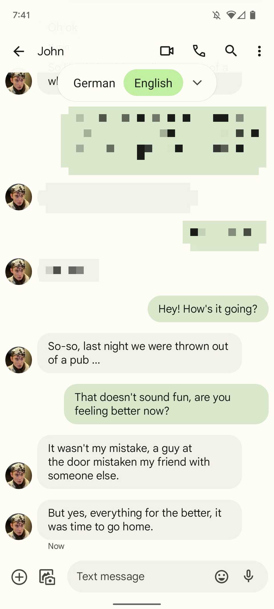 Showing an example of the live translate in google messages showing english text