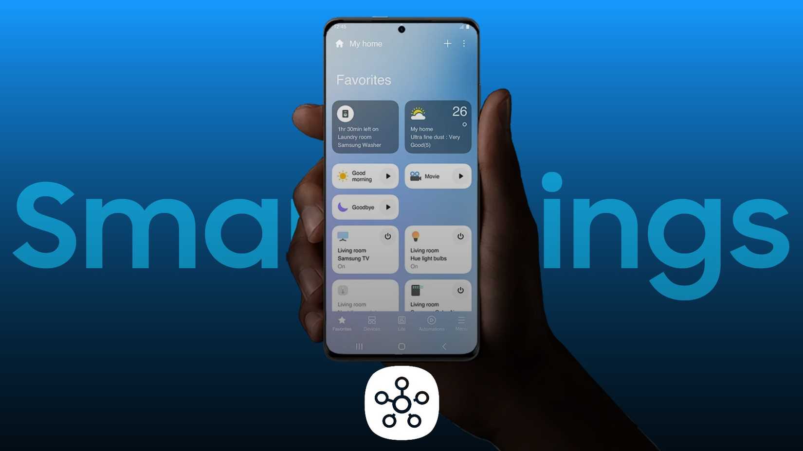 Uma tela do telefone mostrando os dispositivos que podem ser controlados pelo Samsung SmartThings