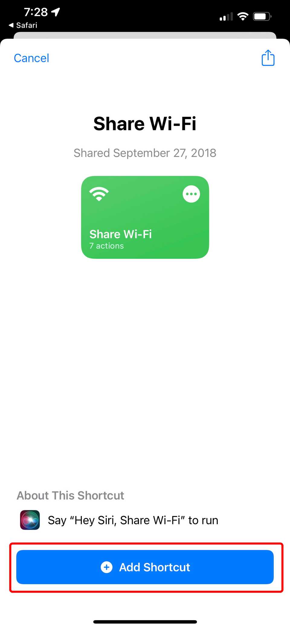 share Wi-Fi shortcut page with the add shortcut button highlighted