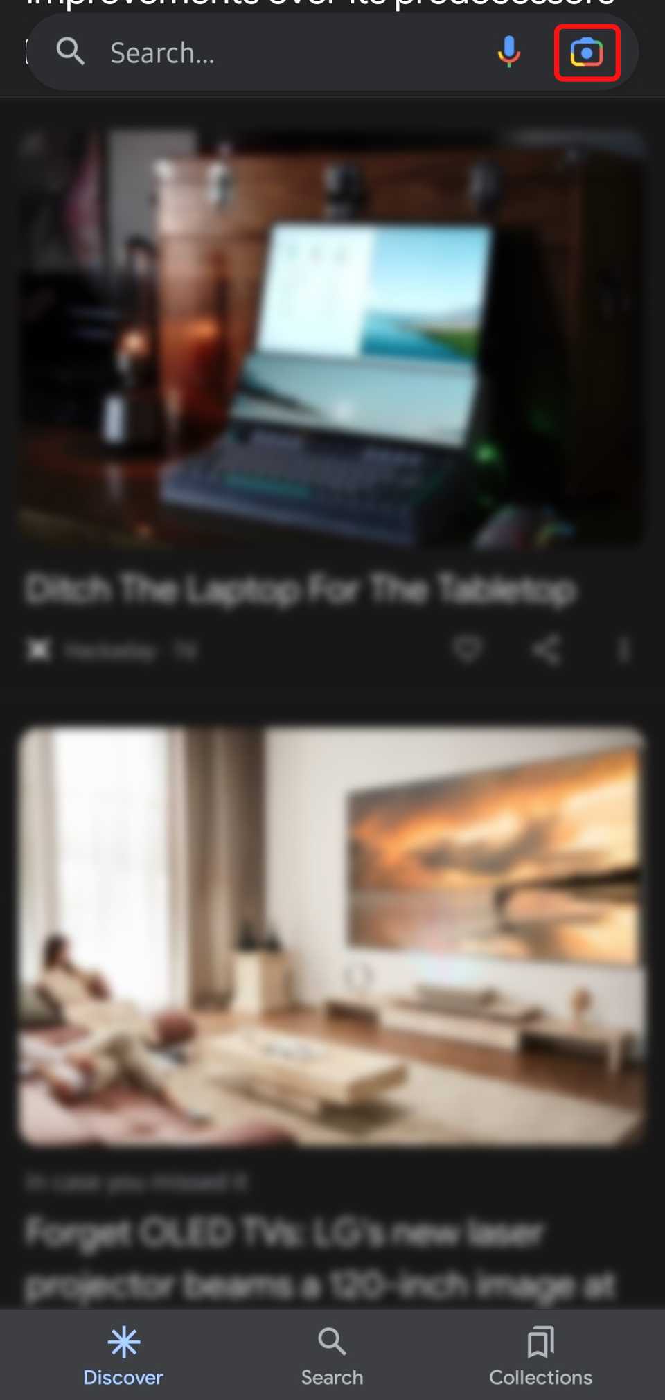 google app main page with the google lens icon in the search bar highlighted