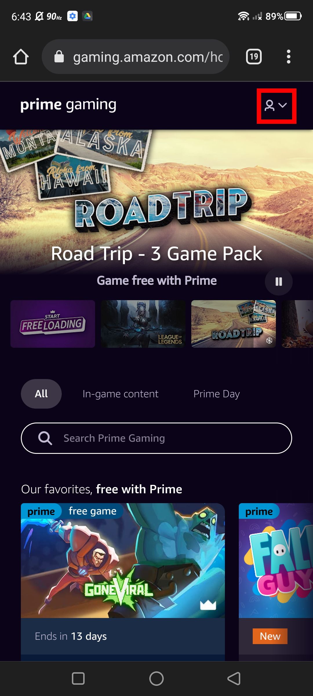 Screenshot of the silhouette drop down menu Amazon Gaming (mobile web browser)