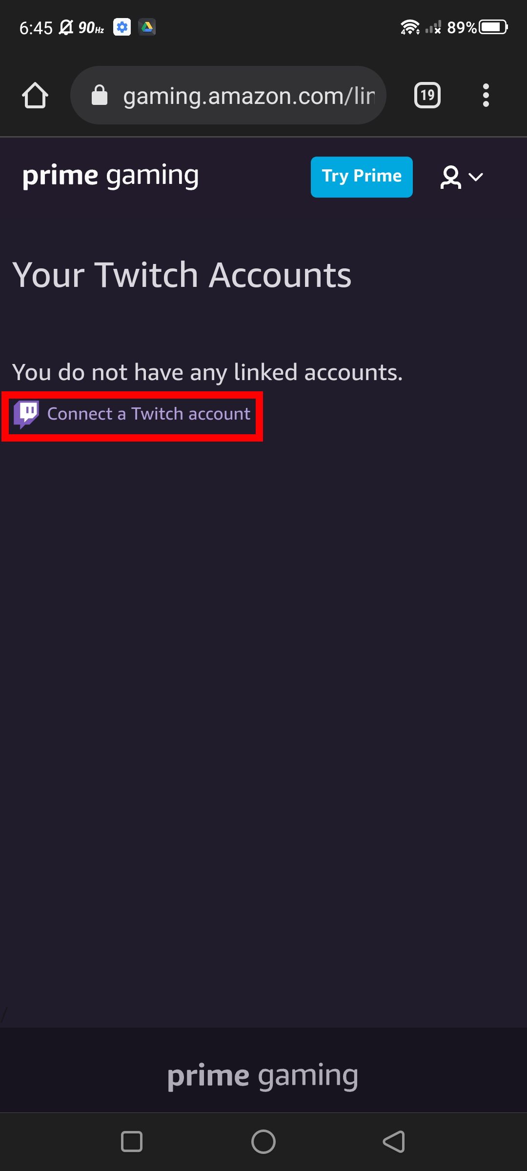 Captura de tela da conexão com uma conta do Twitch no Amazon Gaming (navegador móvel)