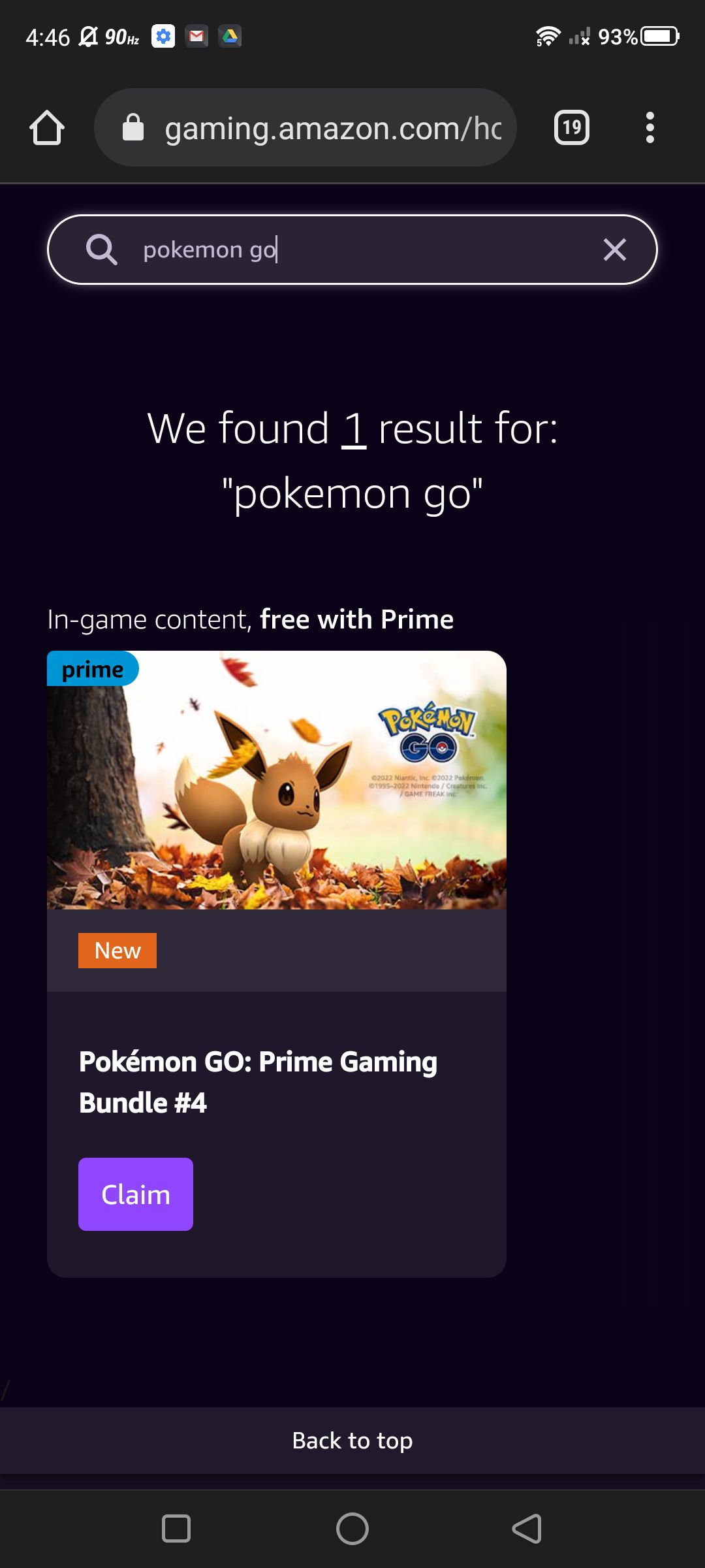 Captura de tela da adição de uma entrada na barra de pesquisa para Amazon Gaming (navegador da web móvel)