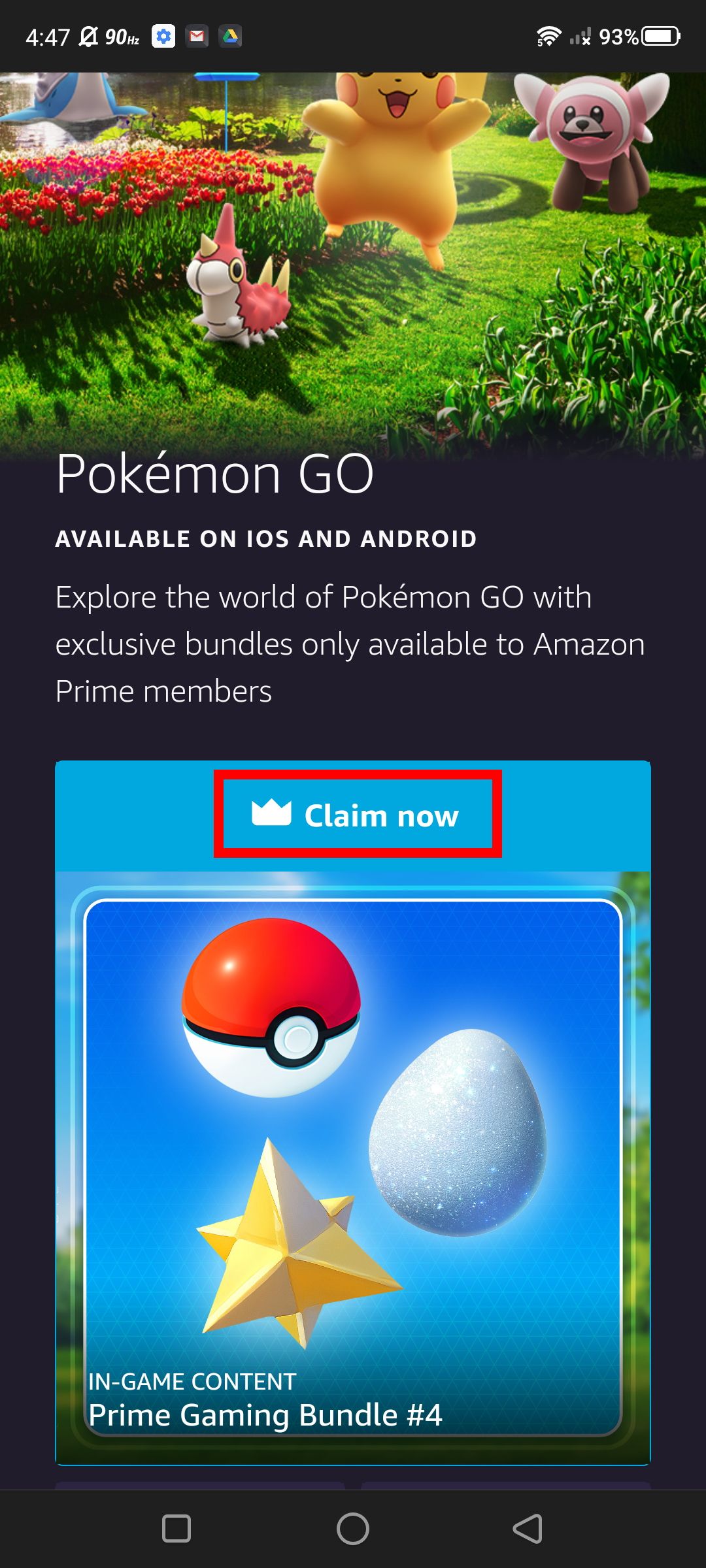 Screenshot of the claim button for a Prime Gaming Bundle on Amazon Gaming (mobile web browser)