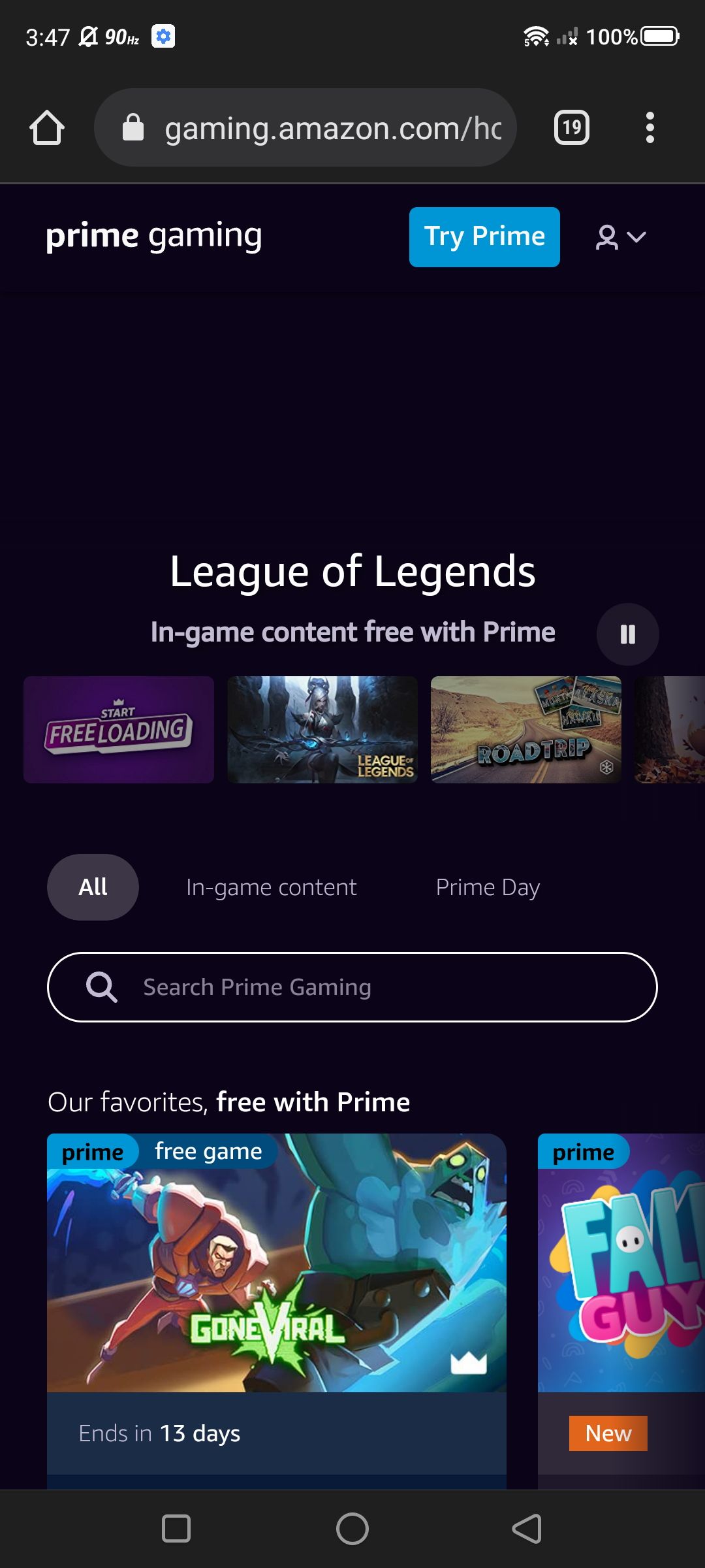 Captura de tela da inscrição no Amazon Gaming (navegador da web móvel)
