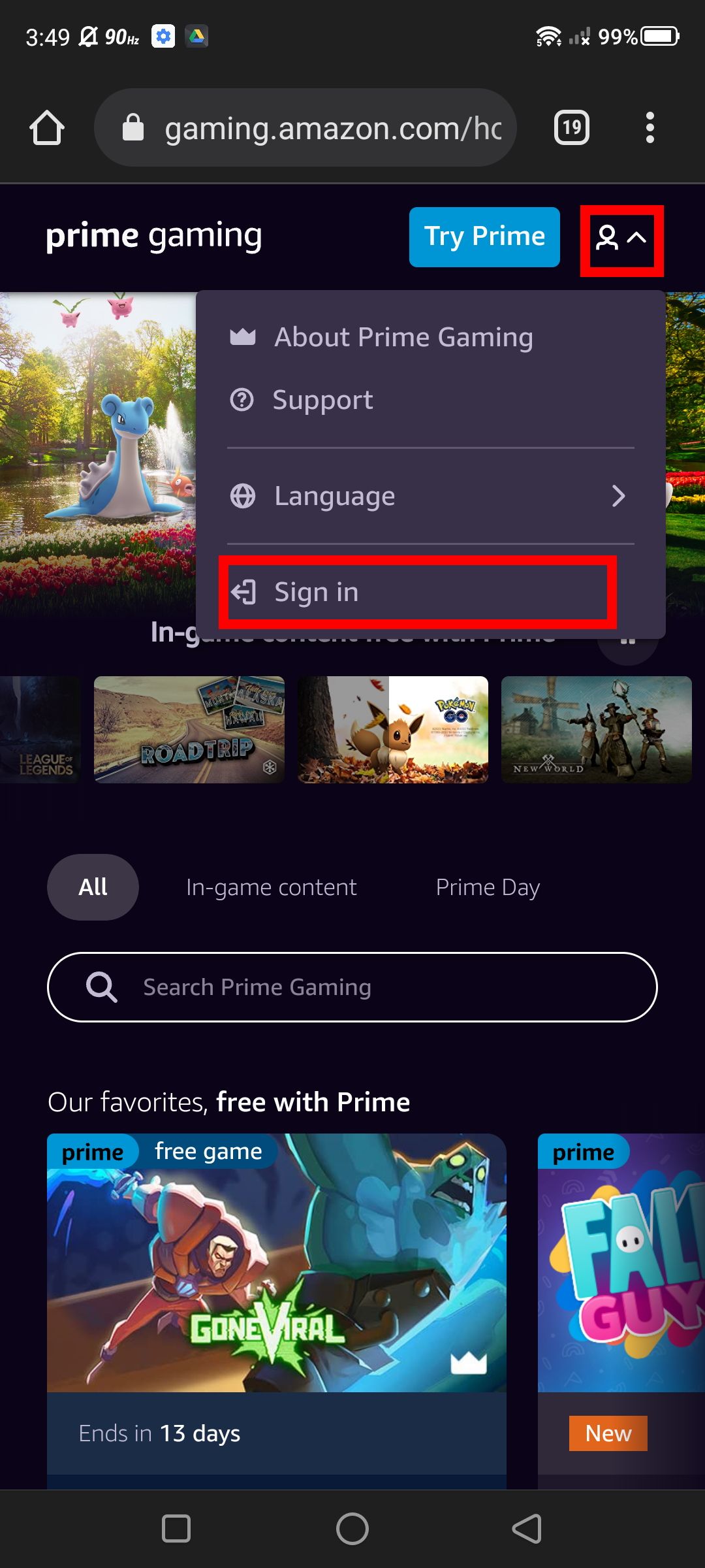 Captura de tela da opção de inscrição para Amazon Gaming (navegador da web móvel)