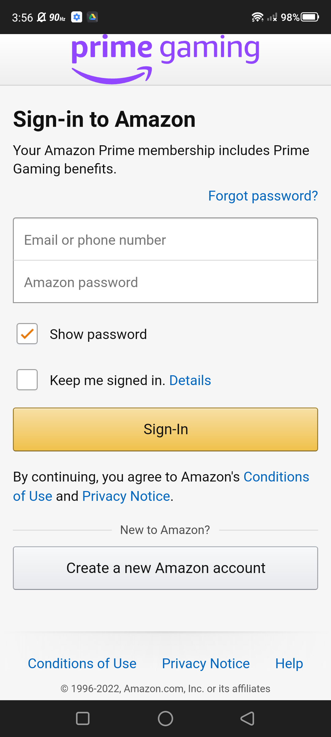 Captura de tela de login em sua conta Amazon Prime (navegador da web móvel)