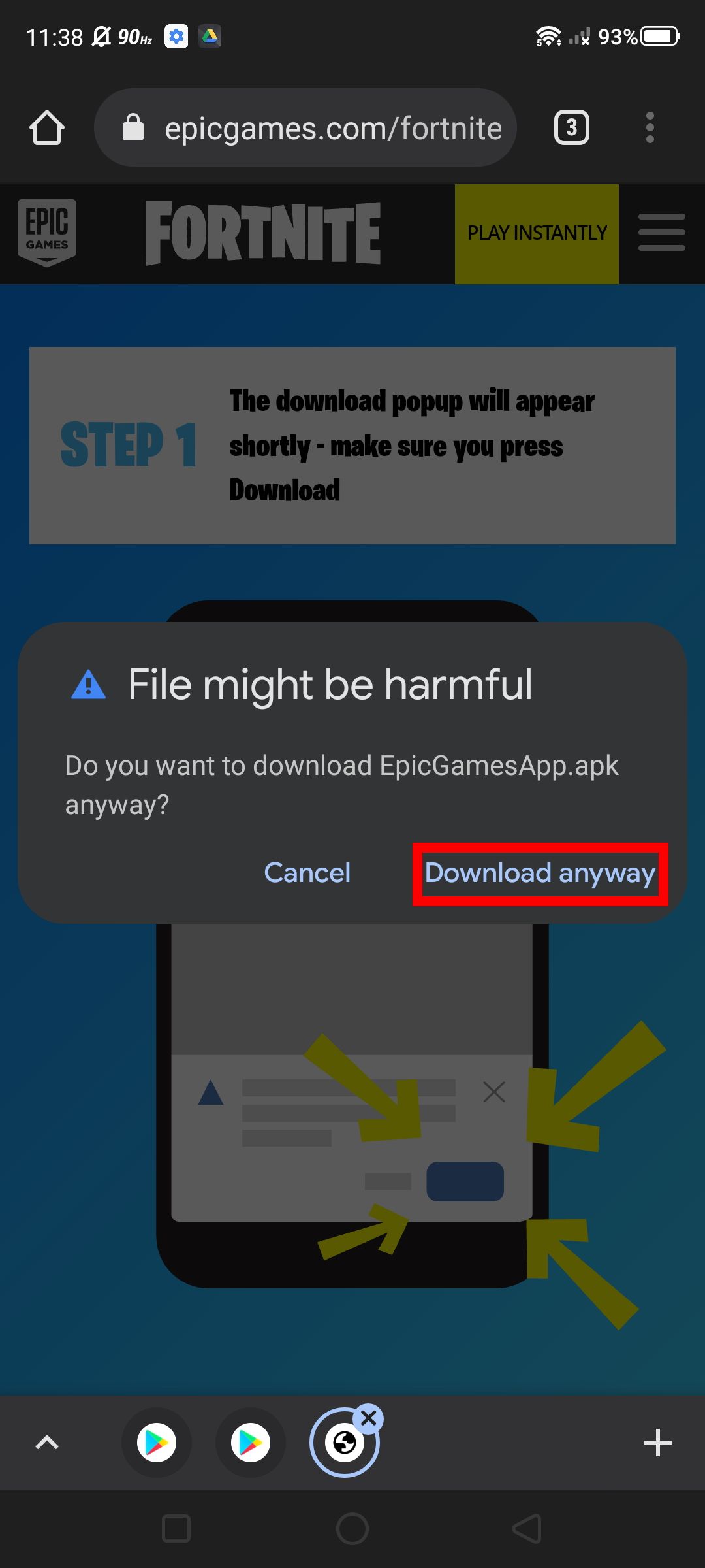 Download anyway option in unknown file message window