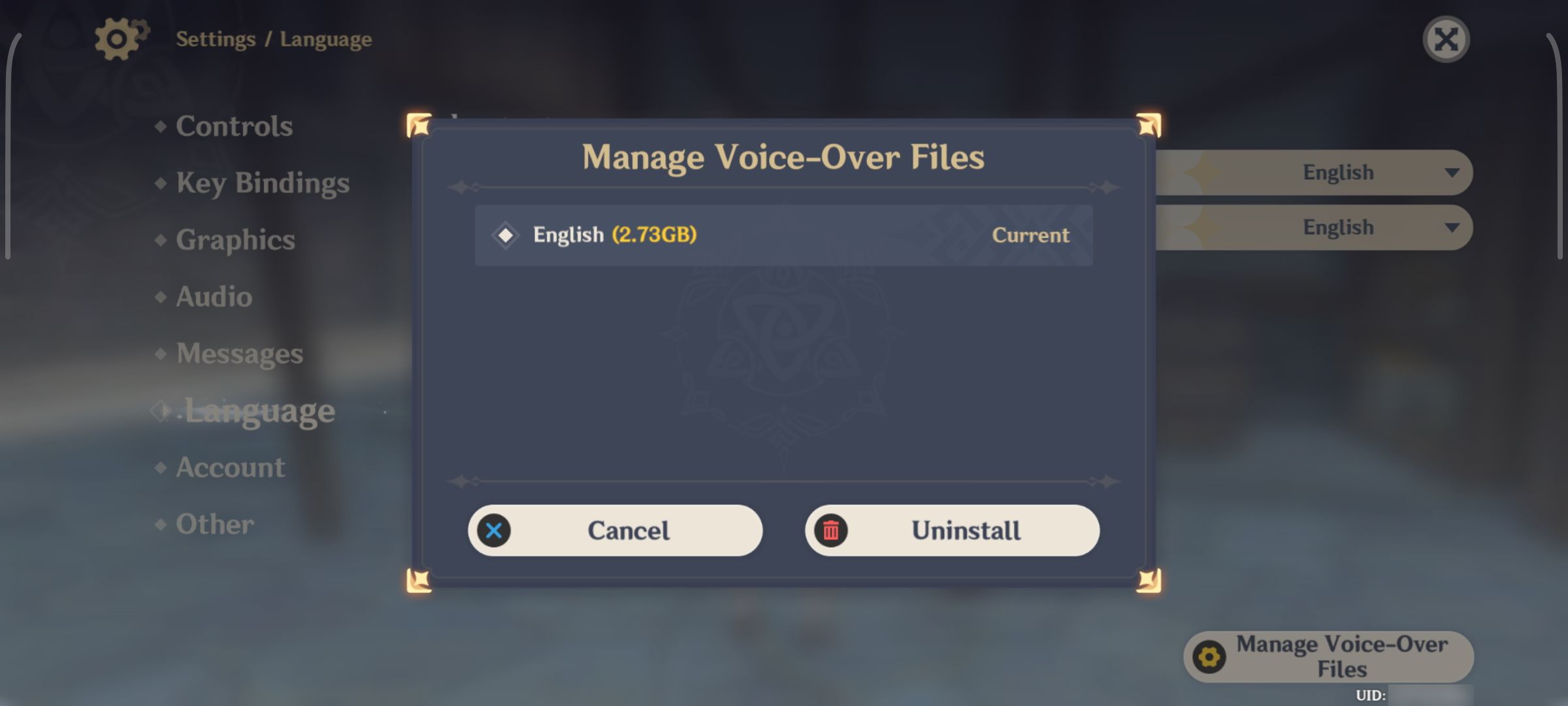 Genshin Impact manage voice-over files window for listed voice packs on Android