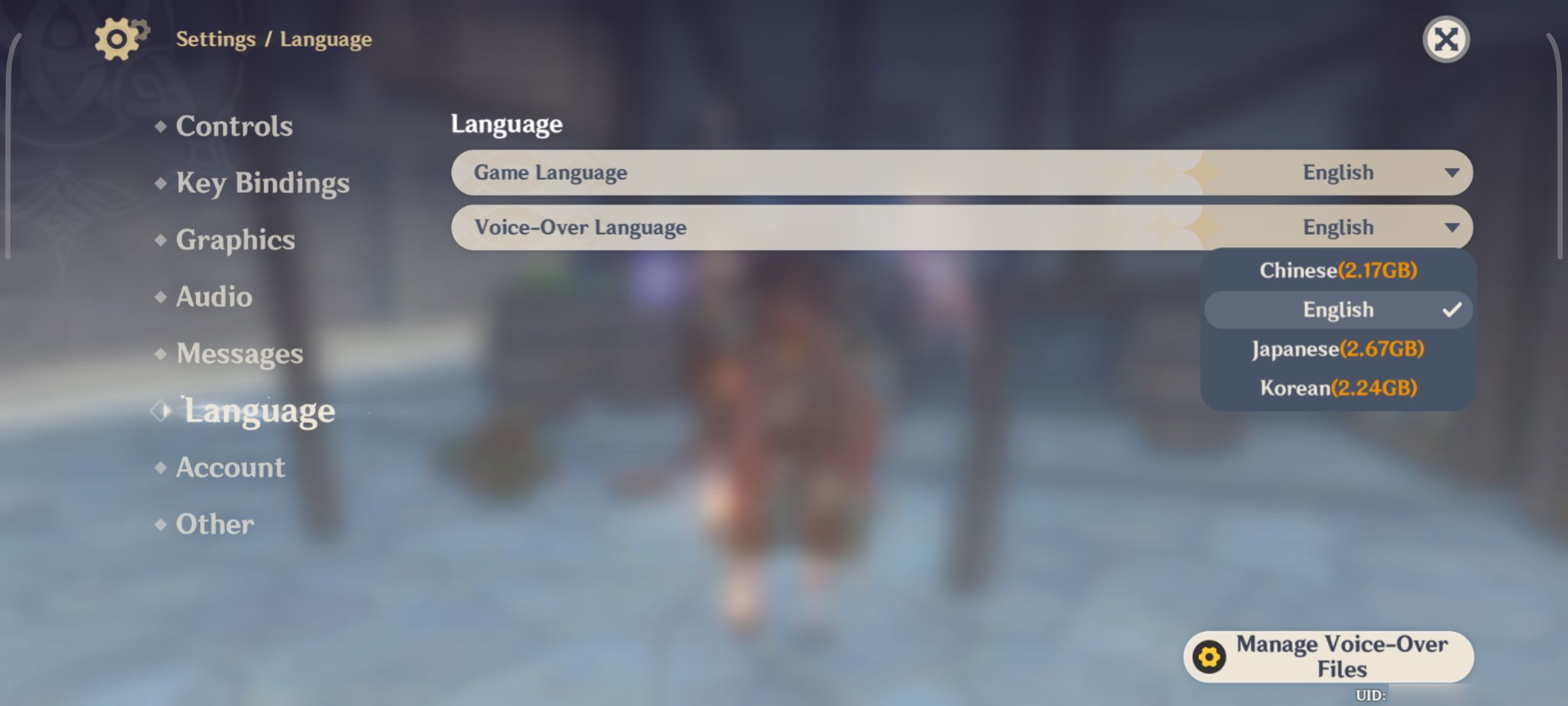 Listed voice-over language downloadable packs in Genshin Impact on Android