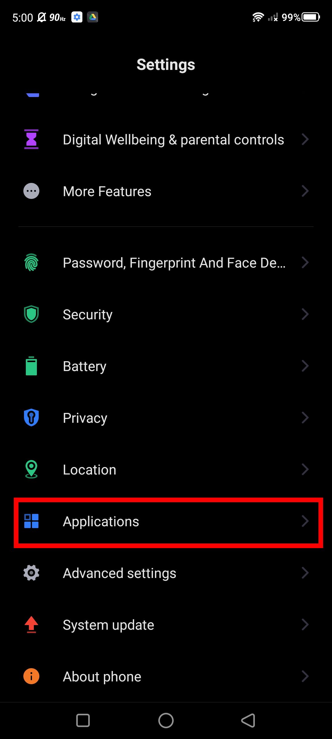 Red rectangle over application in Android phone settings