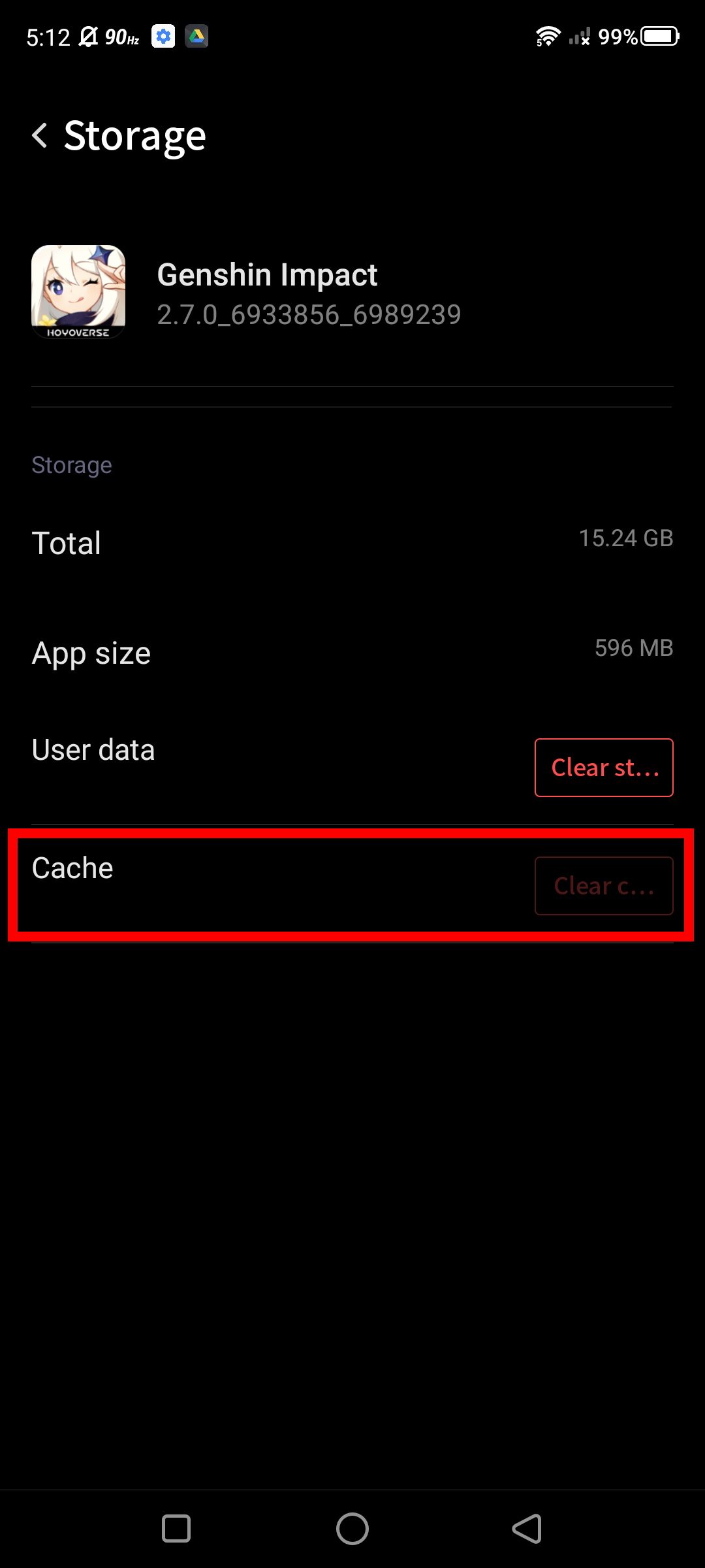 Genshin Impact app preview storage settings red rectangle outline over cache