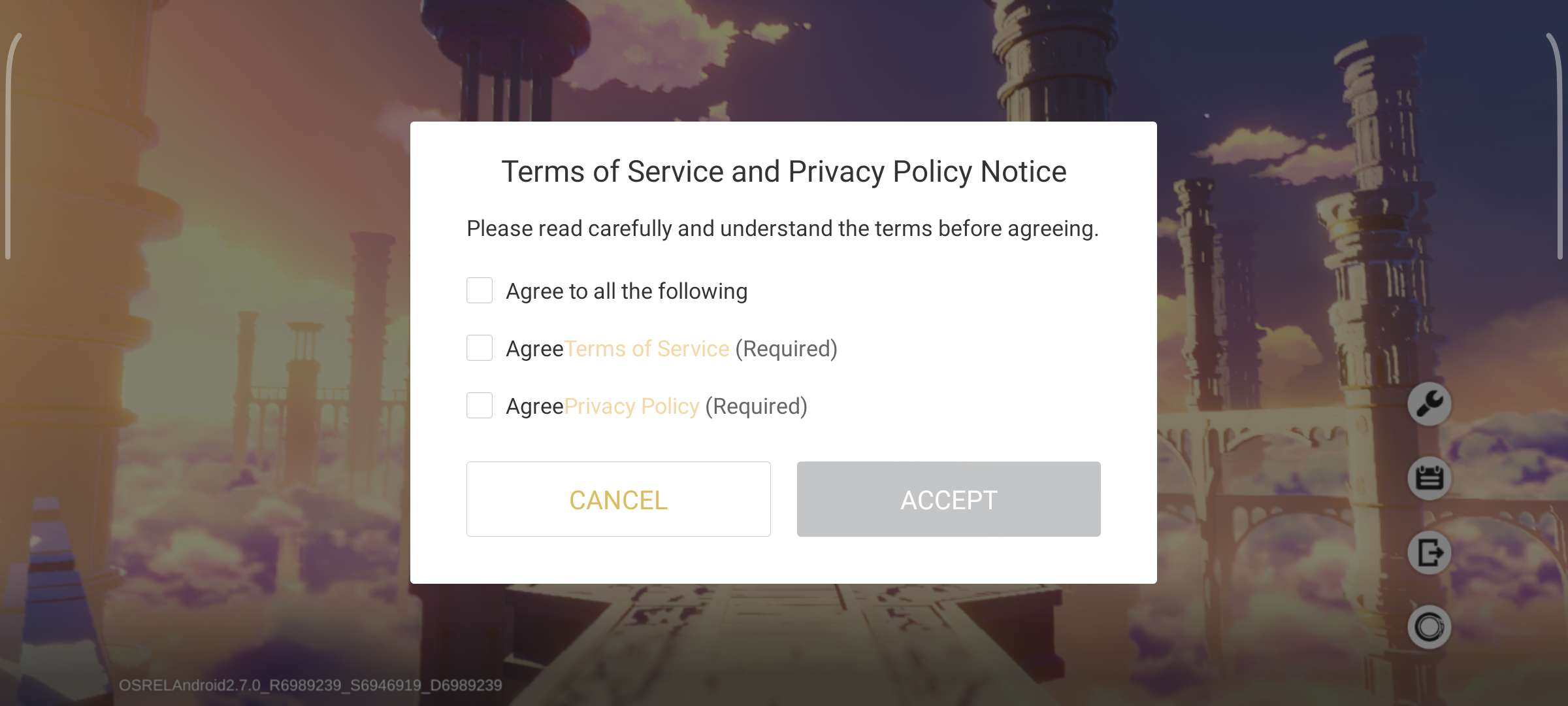 Install Genshin Impact page with terms of service and privacy police agreement