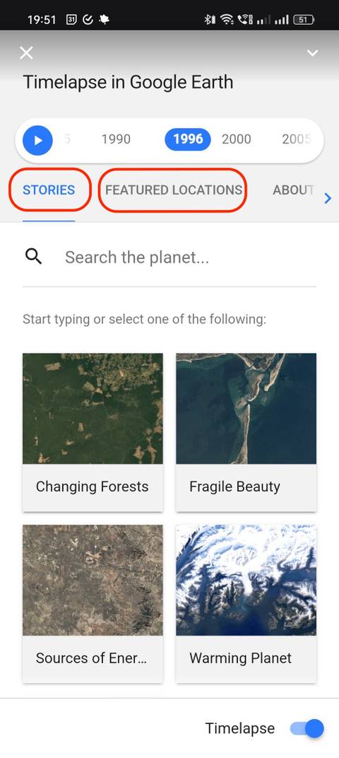 Checking the Stories and Featured Locations sections in the Google Earth Android app