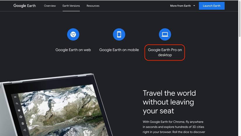 Screenshot showing how to download the Google Earth Pro app for desktop