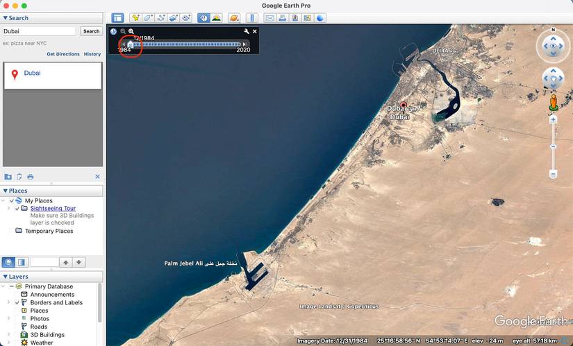 Scrolling through the time in Google Earth Pro for the selected location in Dubai