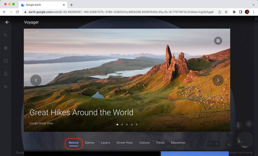 Selecting the Nature category in the Google Earth web app
