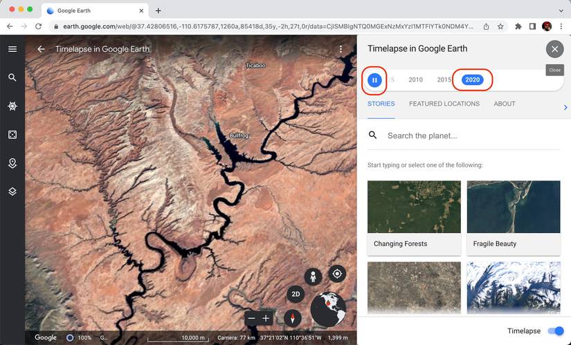An example of what the Timelapse animation screen looks like for the Google Earth web app.