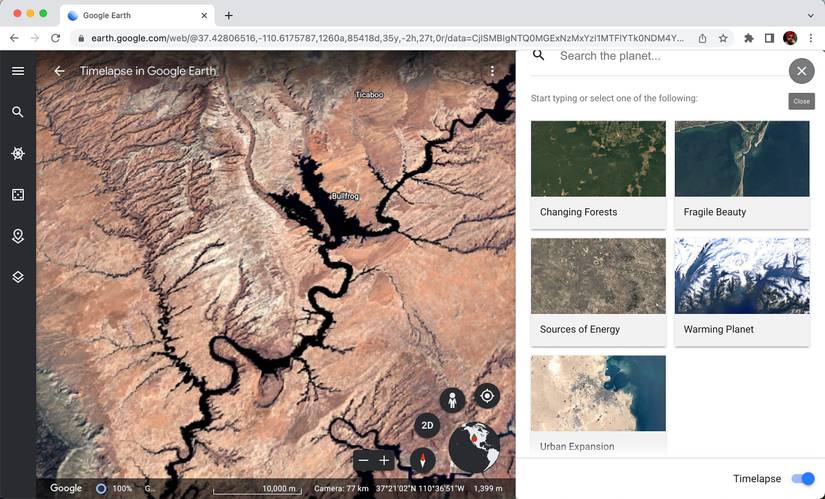 Selecting one of the curated stories for Timelapse in the Google Earth web app