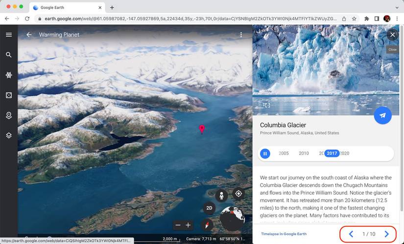 Flipping between the stories in Timelapse by clicking the arrows in the Google Earth web app