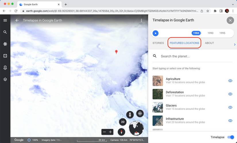 Clicking on the Featured Locations section for the Google Earth web app