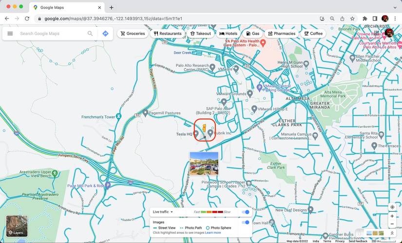 Dropping an example pin near Tesla HQ on the Google Maps desktop web app