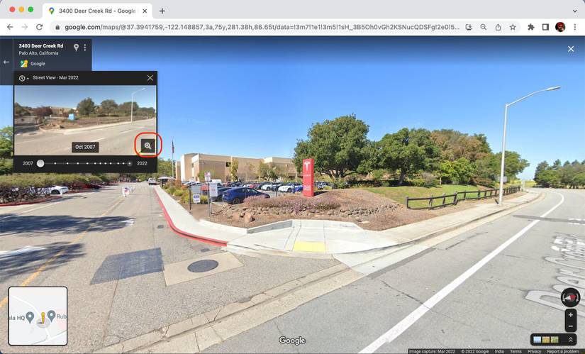 Pressing the Zoom button allows for a better view when comparing archival imagery of a location using Google Maps Street View on the desktop web app