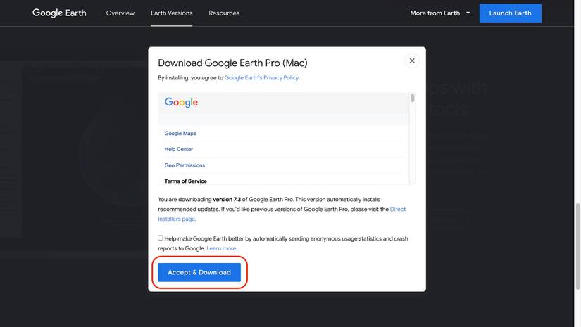 Screenshot highlighting 'Accept & Download' for Google Earth Pro desktop app
