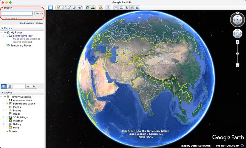 Screenshot highlighting the location search bar in the Google Earth Pro desktop app