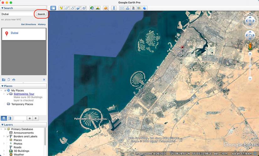 Screenshot showing an example image of what it looks like when you search Dubai in Google Earth Pro