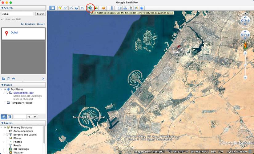 Screenshot showing the historical imagery for Dubai in Google Earth Pro