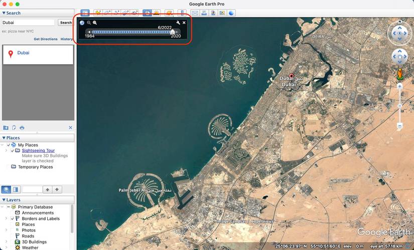 Screenshot showing the adjustable slider bar for the time range of a location in Google Earth Pro