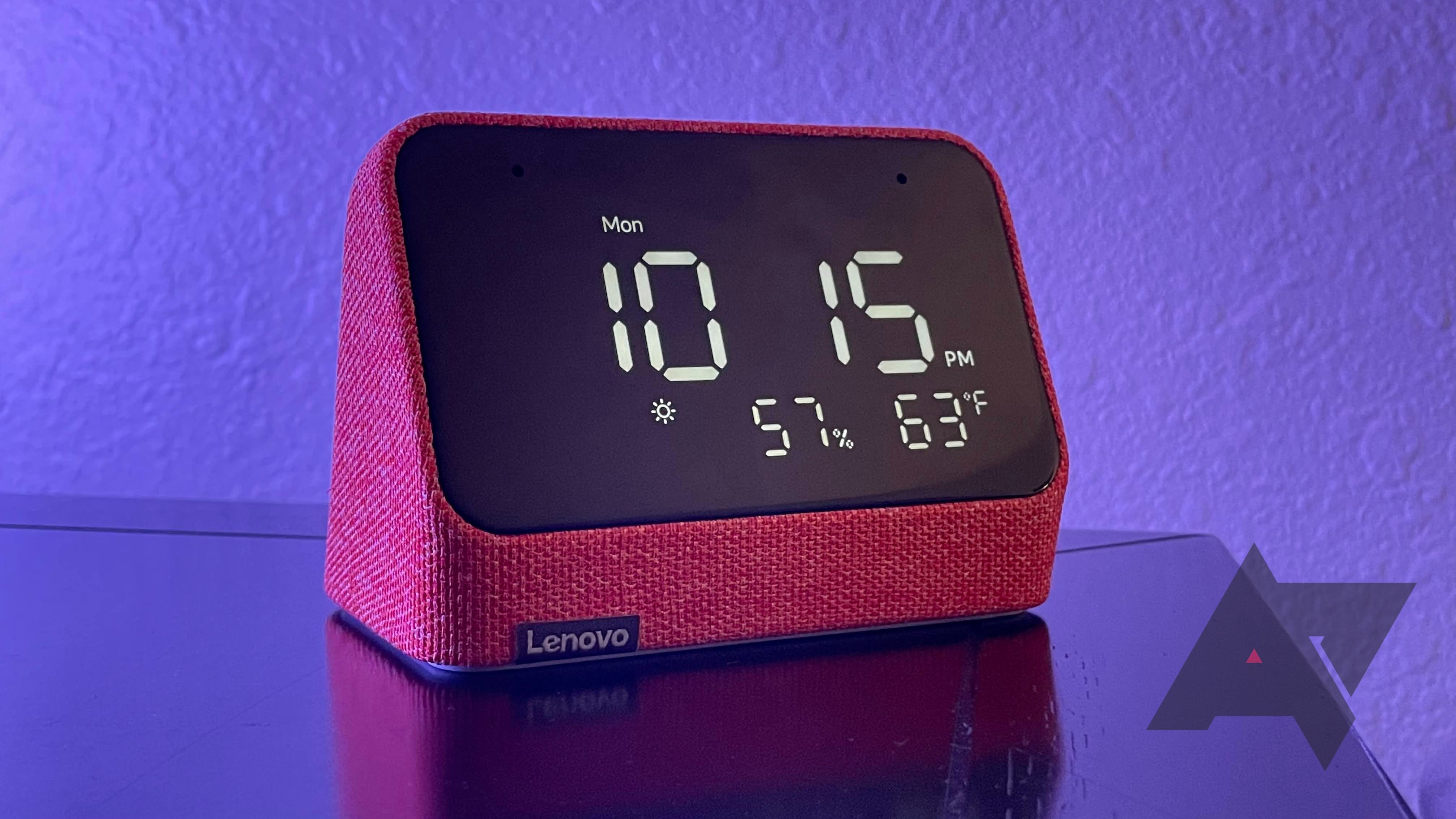The front of Lenovo's Smart Clock Essential, featuring numbers for the time, humidity, and temperature. 