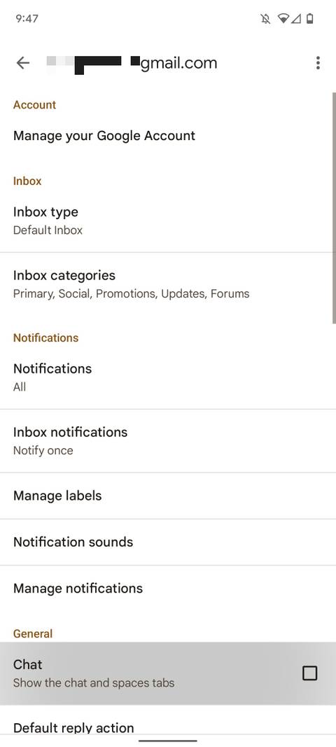 gmail setting screen with google chat highlighted