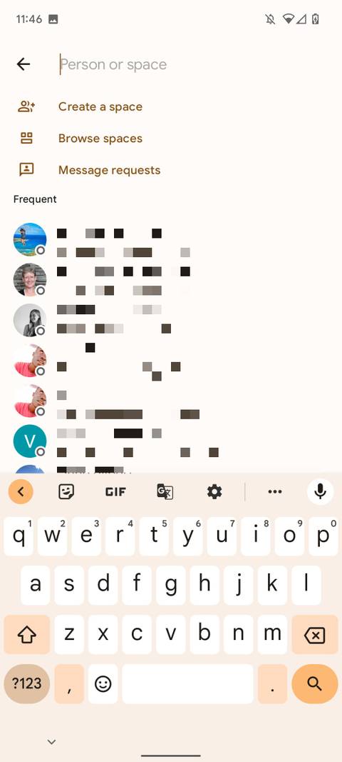 google chat app with new chat screen open
