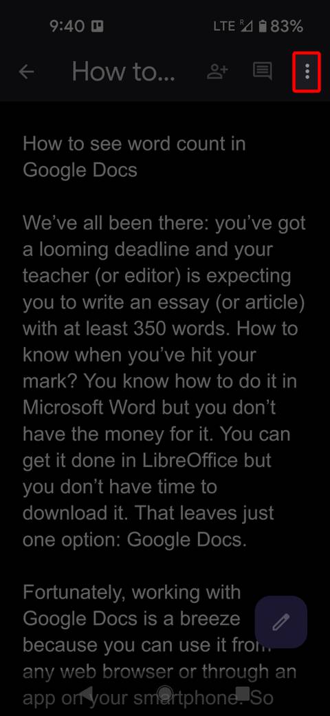Google Docs mobile app highlighting the three-dot menu icon