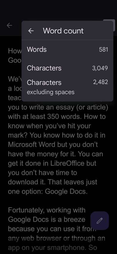 Google Docs mobile app Word count window