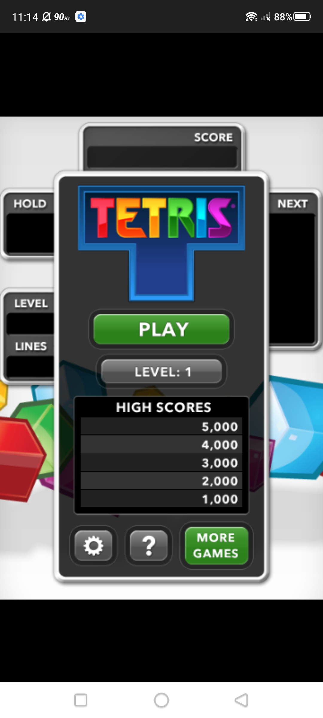 Screenshot of web-based mobile game Tetris home screen.
