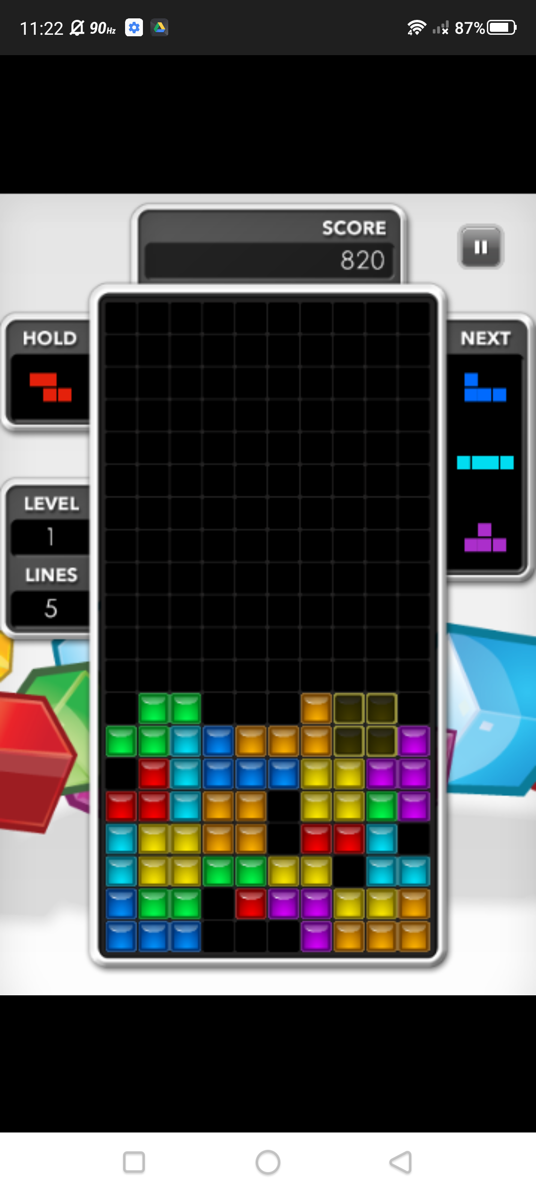 Screenshot of web-based mobile game Tetris gameplay.