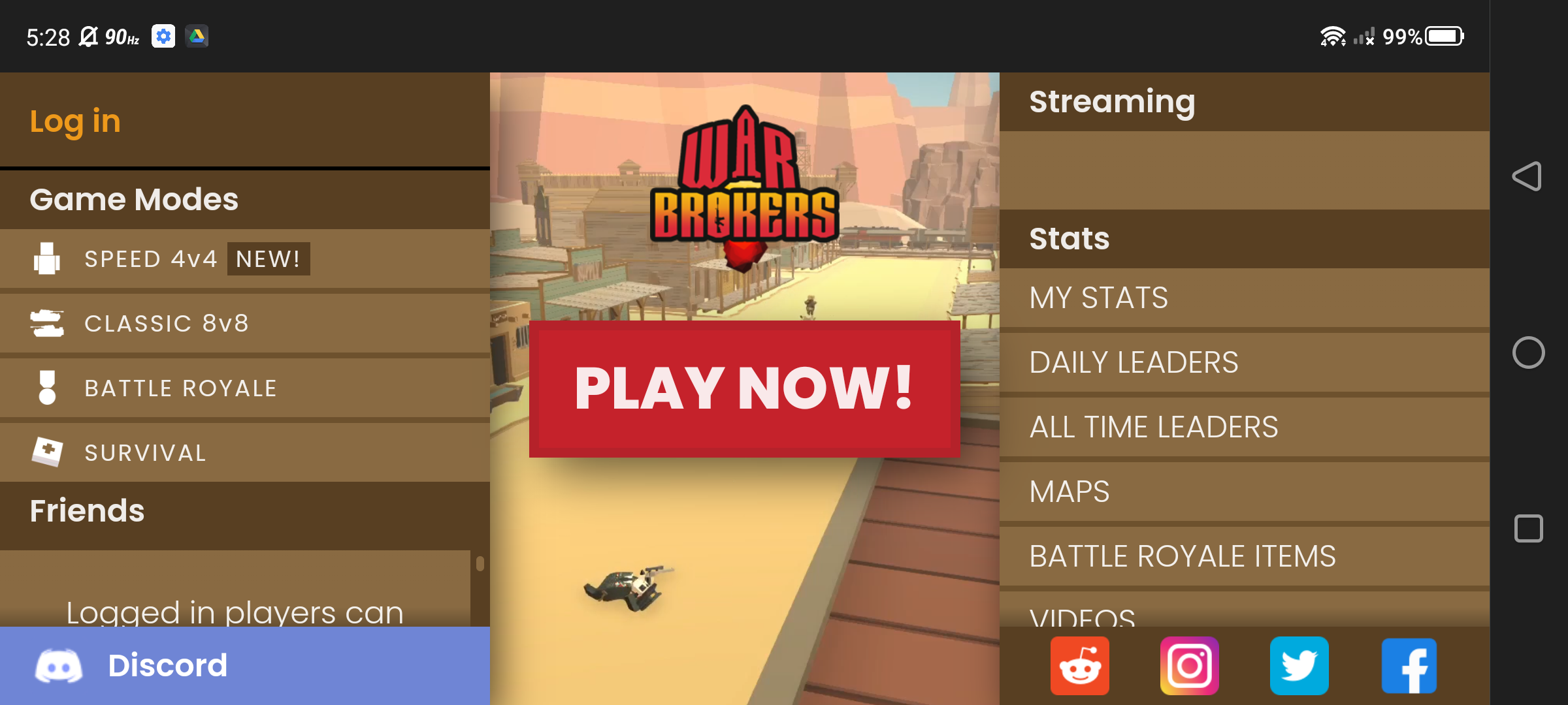 Screenshot of web-based mobile game War Brokers home screen.