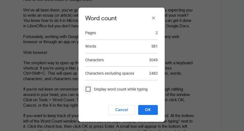 Google Docs word count window