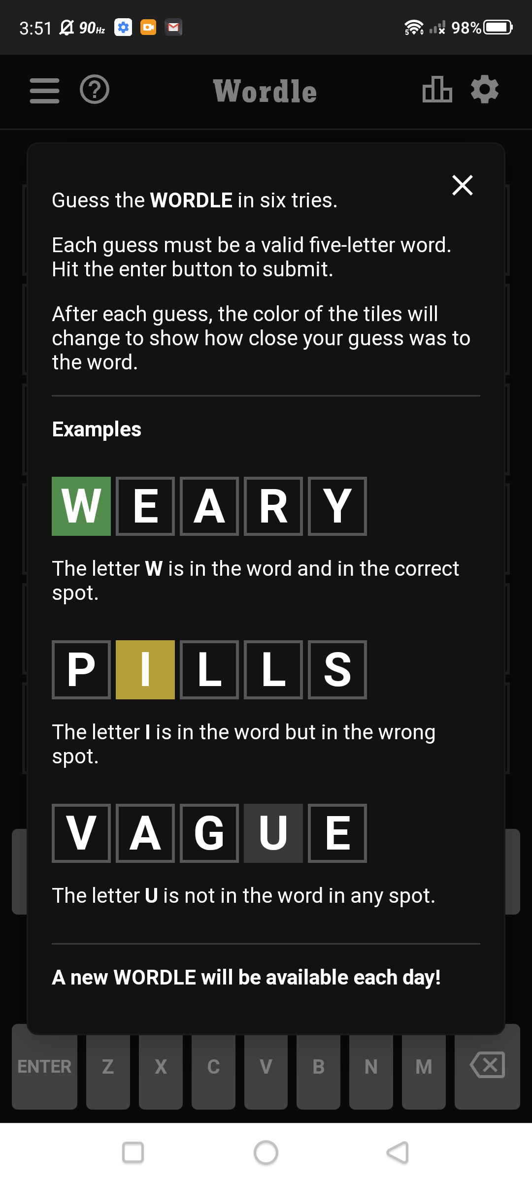 Screenshot of web-based mobile game Wordle rules.